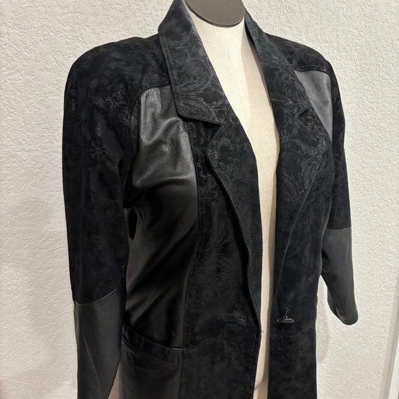 Vintage Leather Suede Coat Women's Duster Jacket Long Black Floral Pattern - Picture 5 of 14